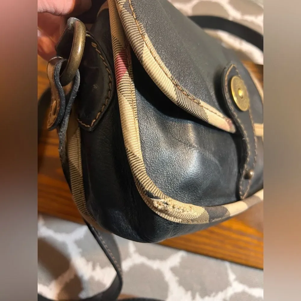 Burberry Vintage Black Crossbody Bag with Nova Check trim magnetic snap on flap